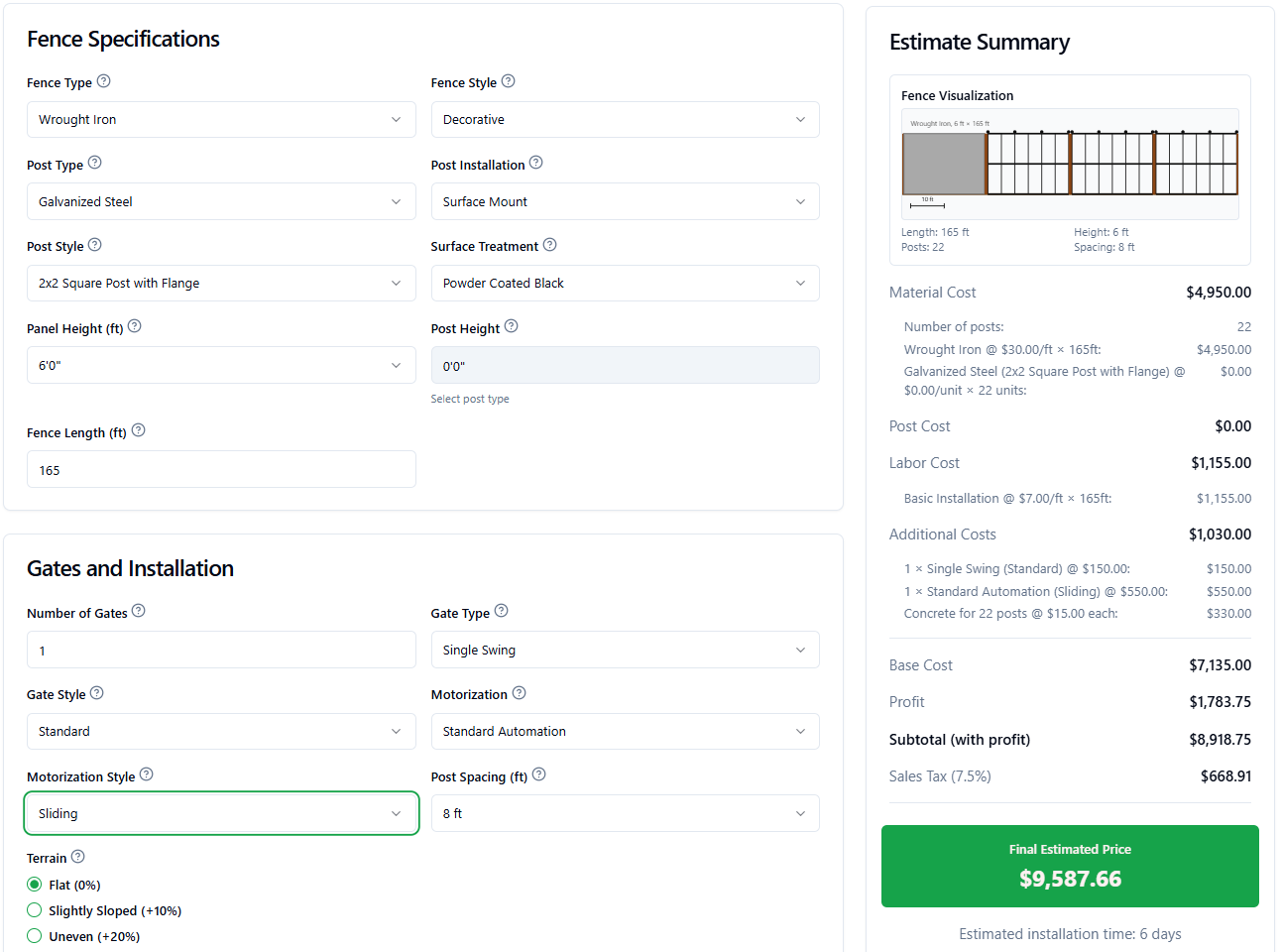 Fencetimator fence project calculator user interface showing fence specifications, gates, installation details, and an estimate summary with final price.